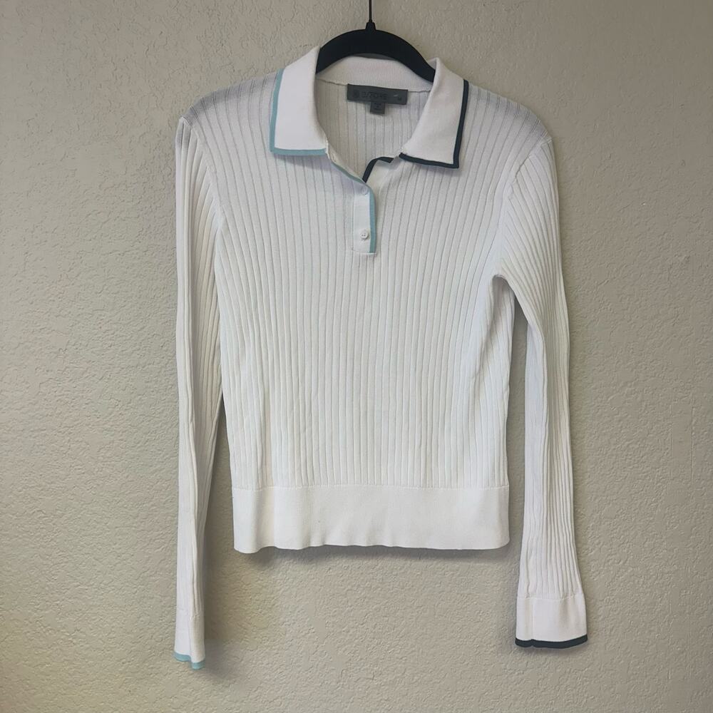 G/FORE Long Sleeve Textured Rib Knit Golf Polo Shirt Contrast Trim White - Picture 3 of 7